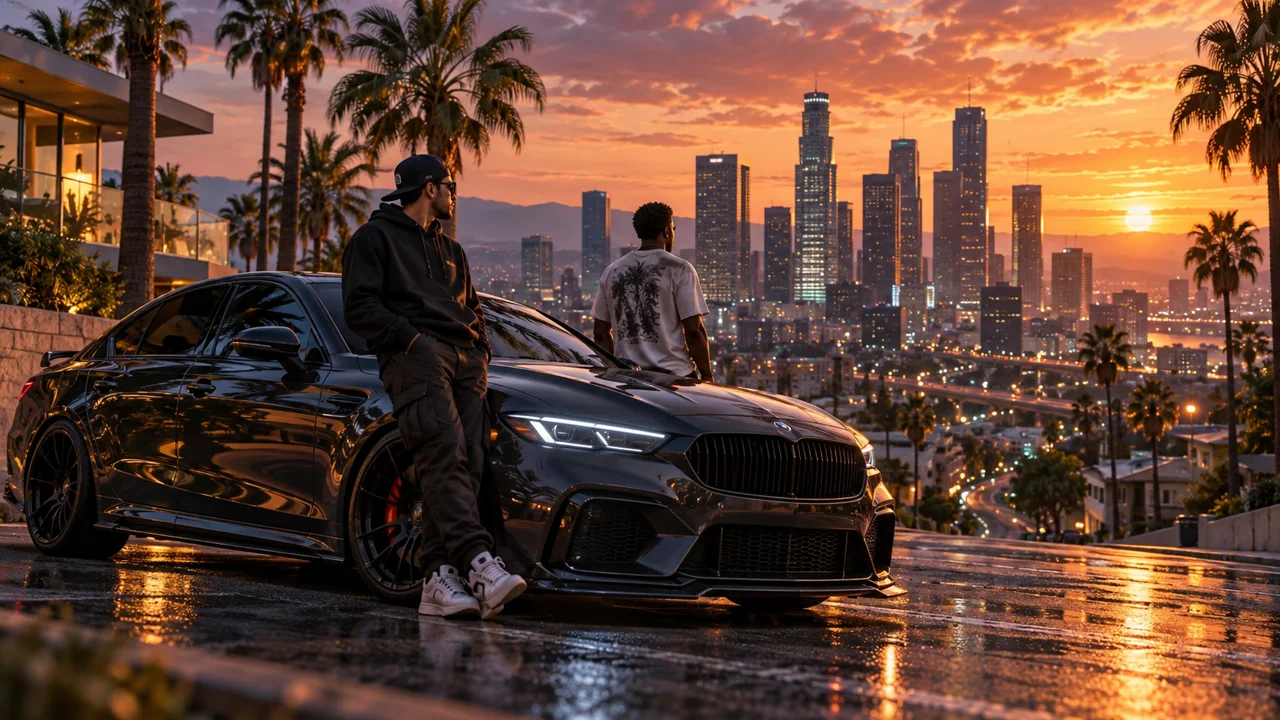 FiveM promotional concept: friends and a sports car on a palm-lined city street