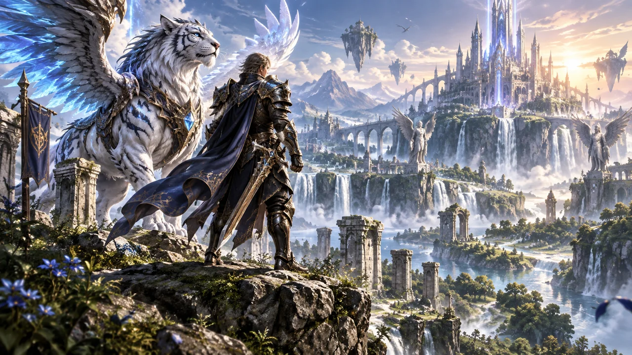 Rappelz promotional concept: an armored adventurer and magical companion overlooking a fantasy citadel