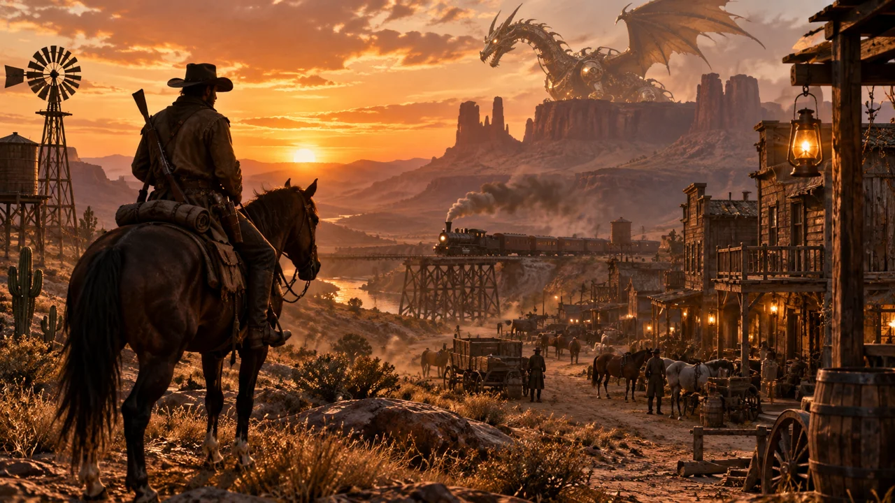RedM promotional concept: a frontier rider, steam train and mechanical dragon