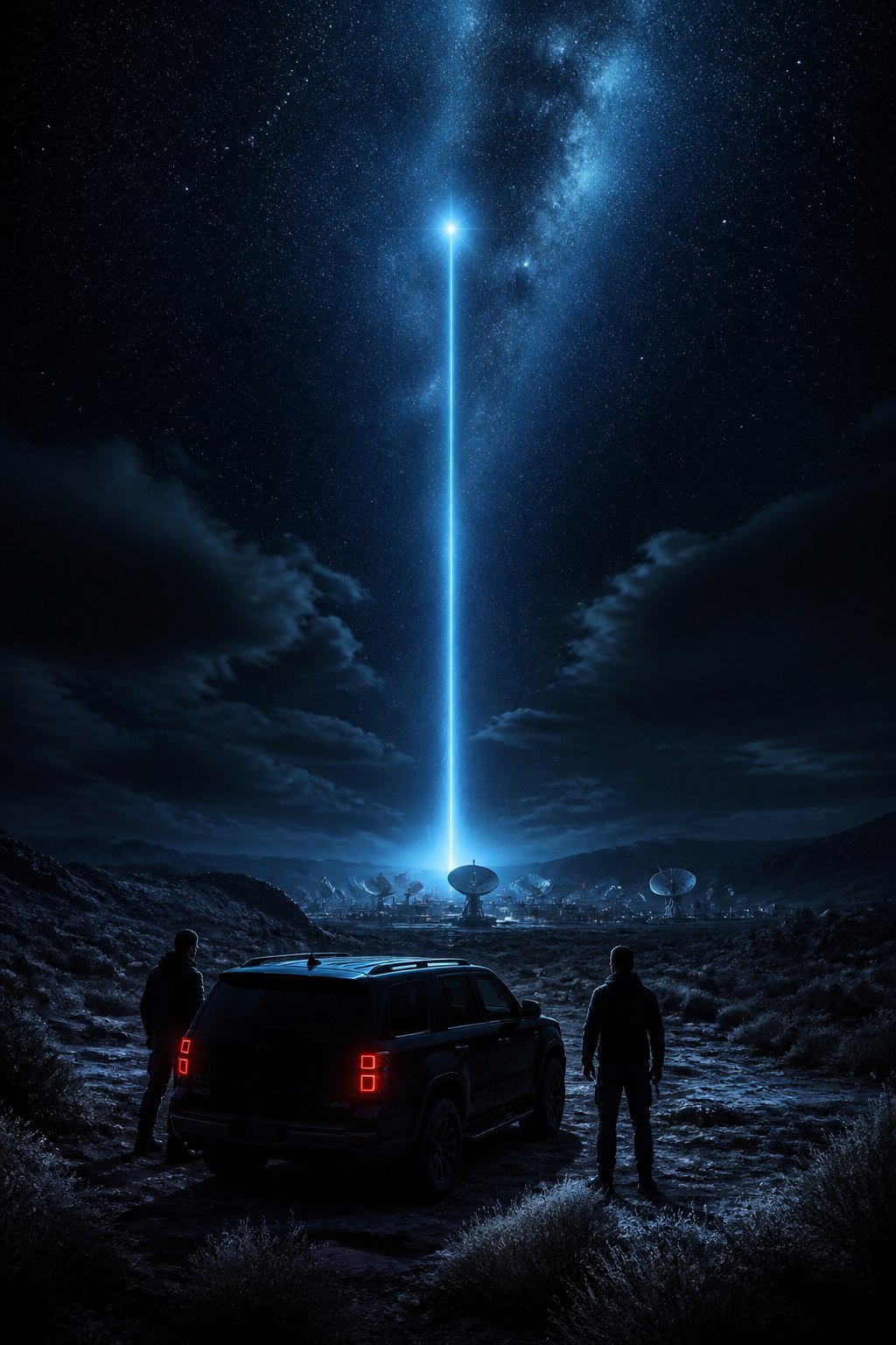 Investigators watching a signal over a desert satellite array