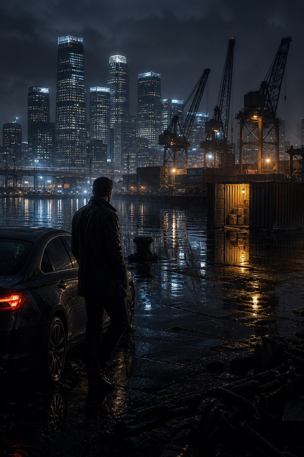 Detective overlooking a rain-soaked industrial harbor