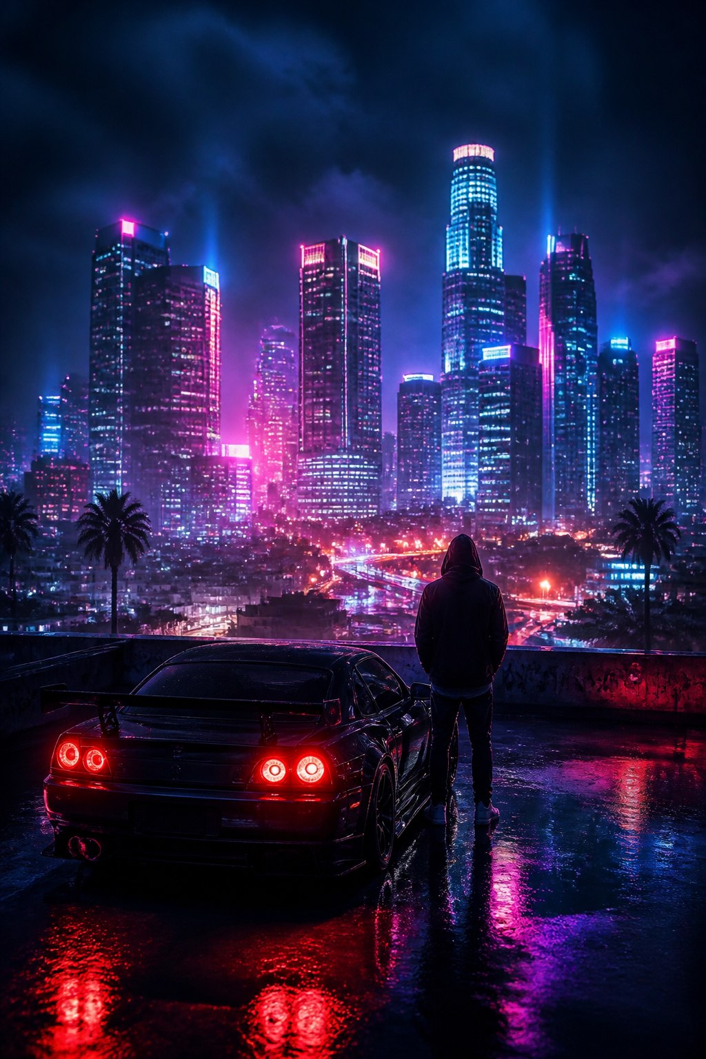 Neon city skyline above a rain-soaked street racer