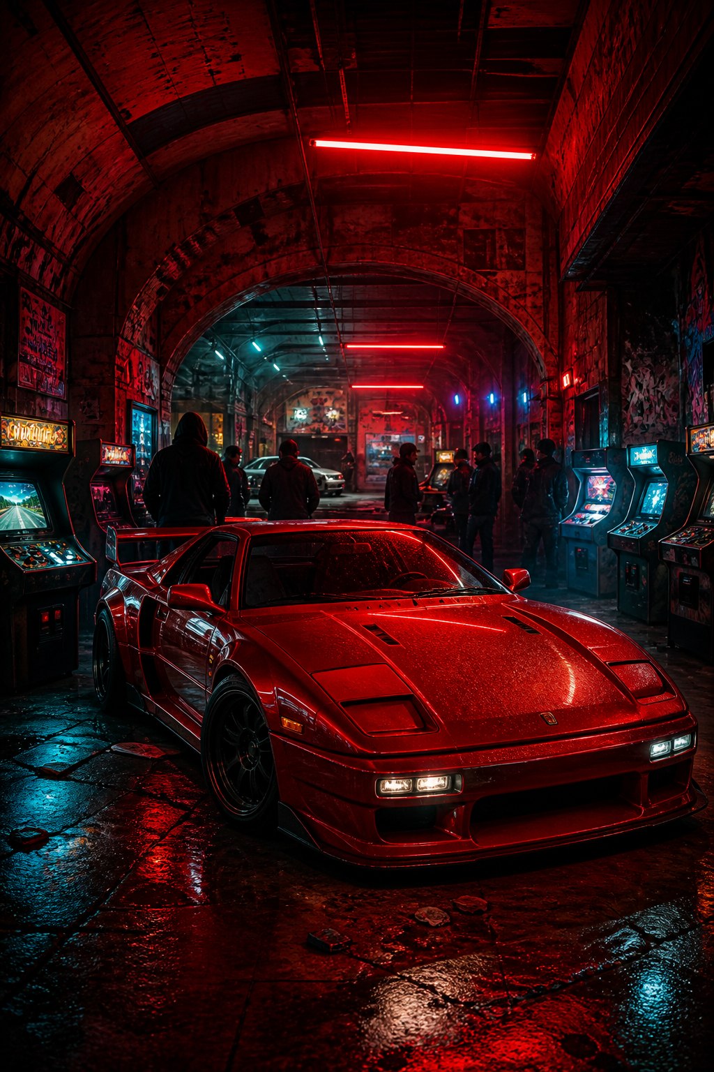 Red sports car inside an underground arcade garage