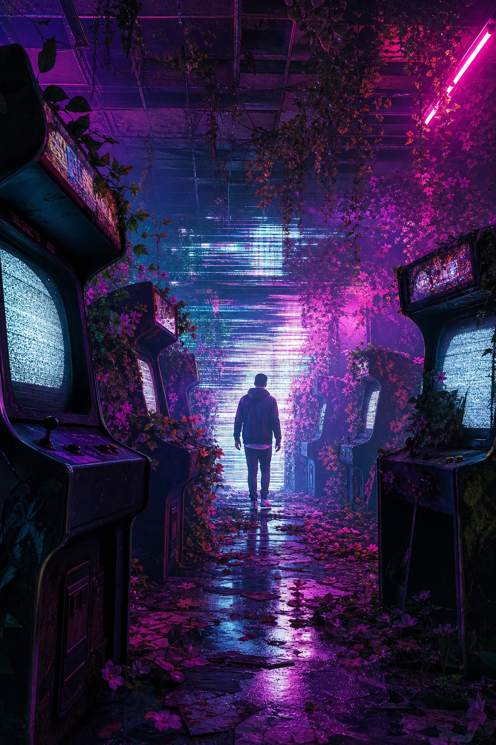 Overgrown neon arcade filled with flickering screens