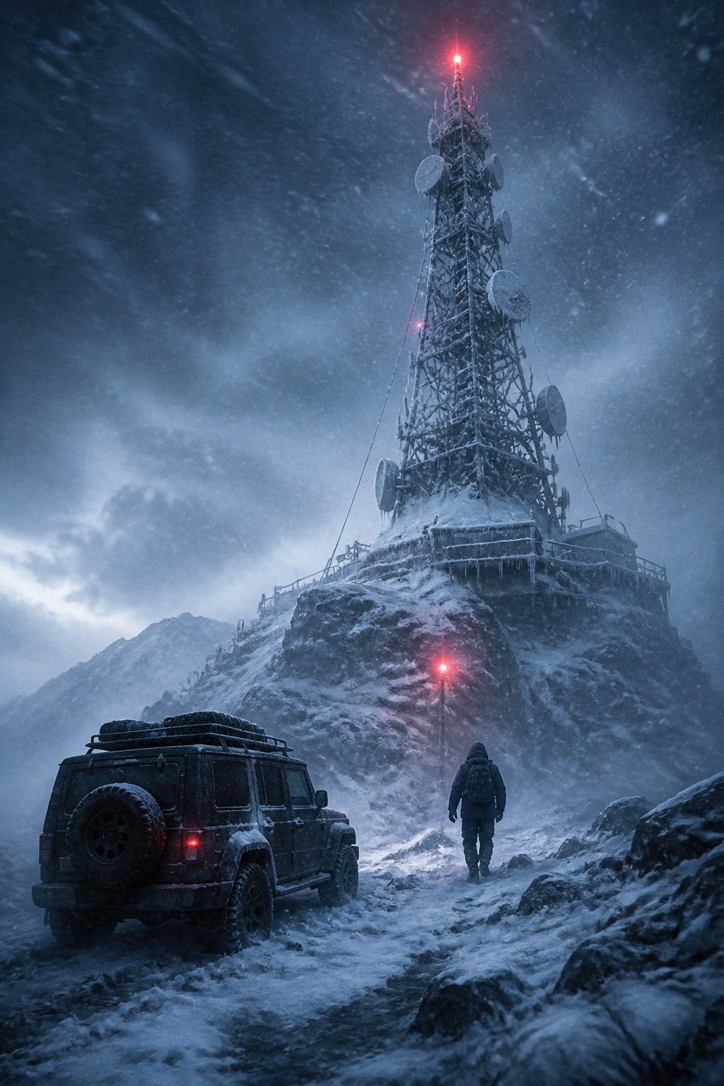 Snowbound communications tower above an off-road vehicle
