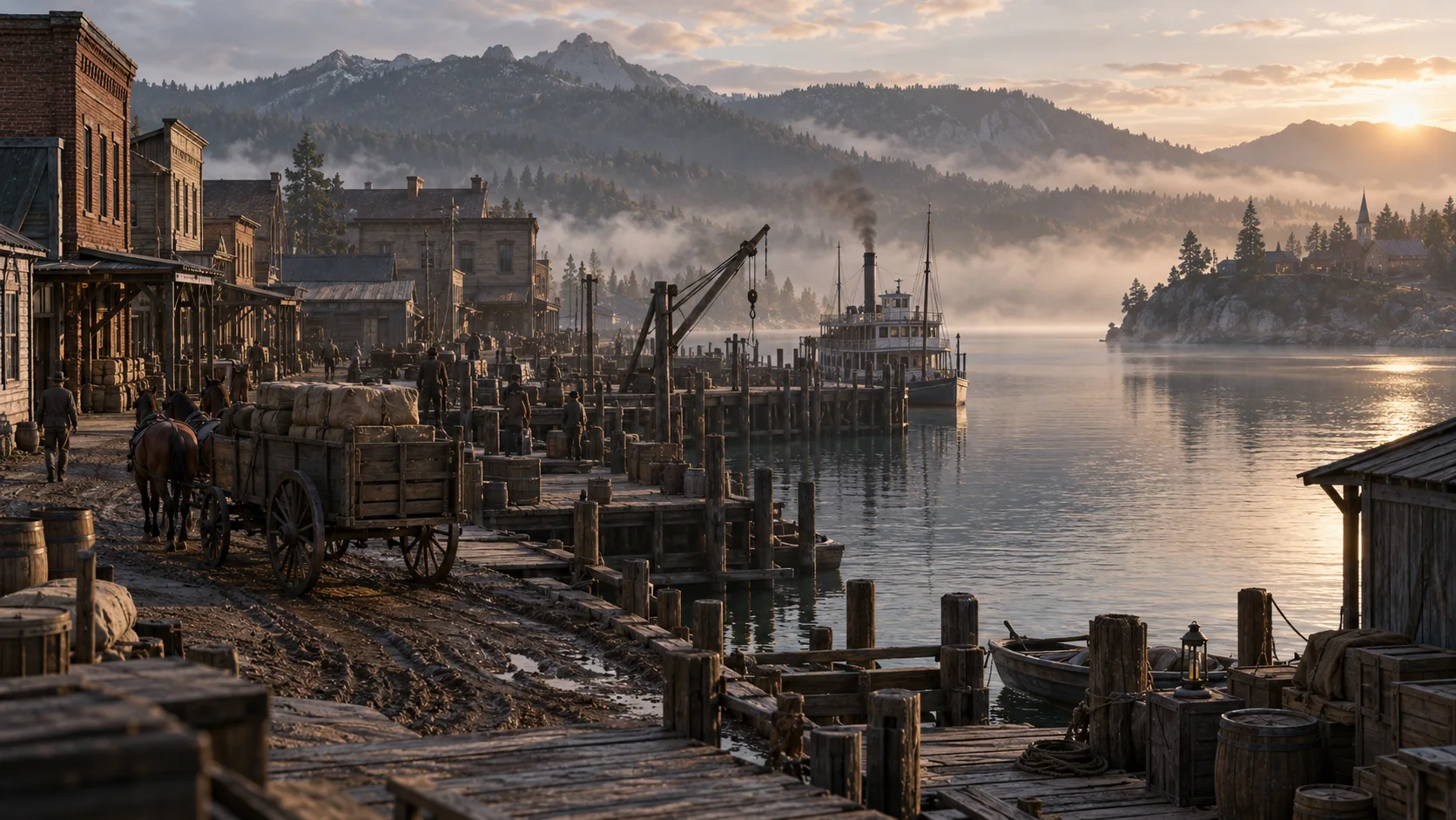 Blackwater-inspired lakeside docks and horse-drawn wagons; illustrative concept art