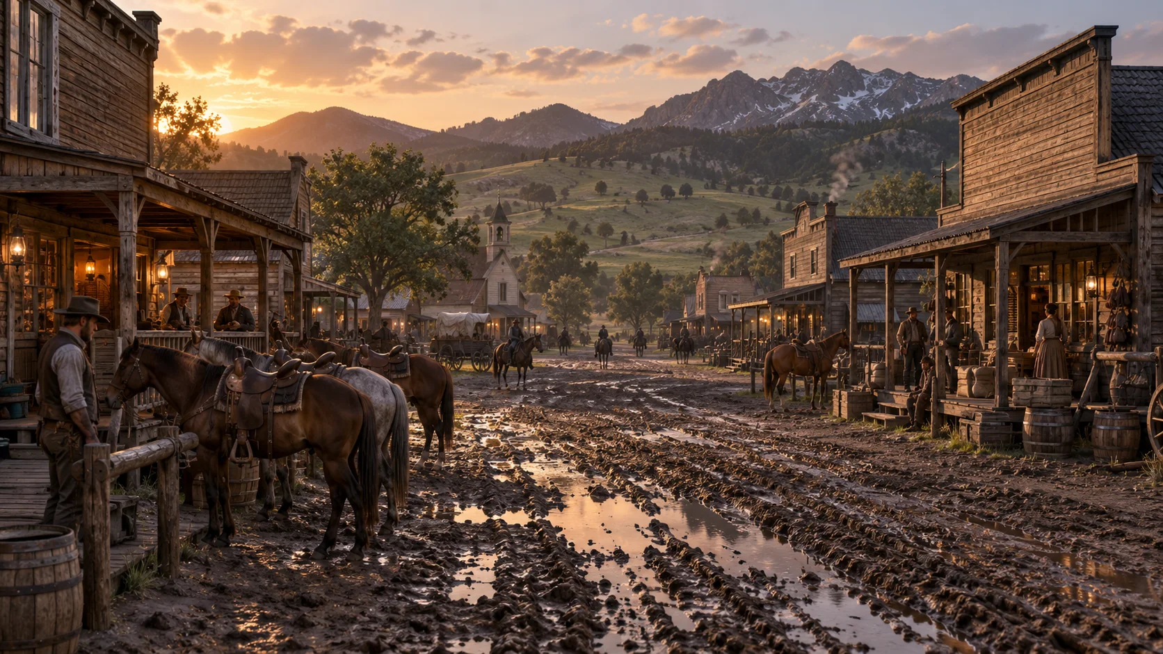 Valentine-inspired cattle town and horses; illustrative concept art